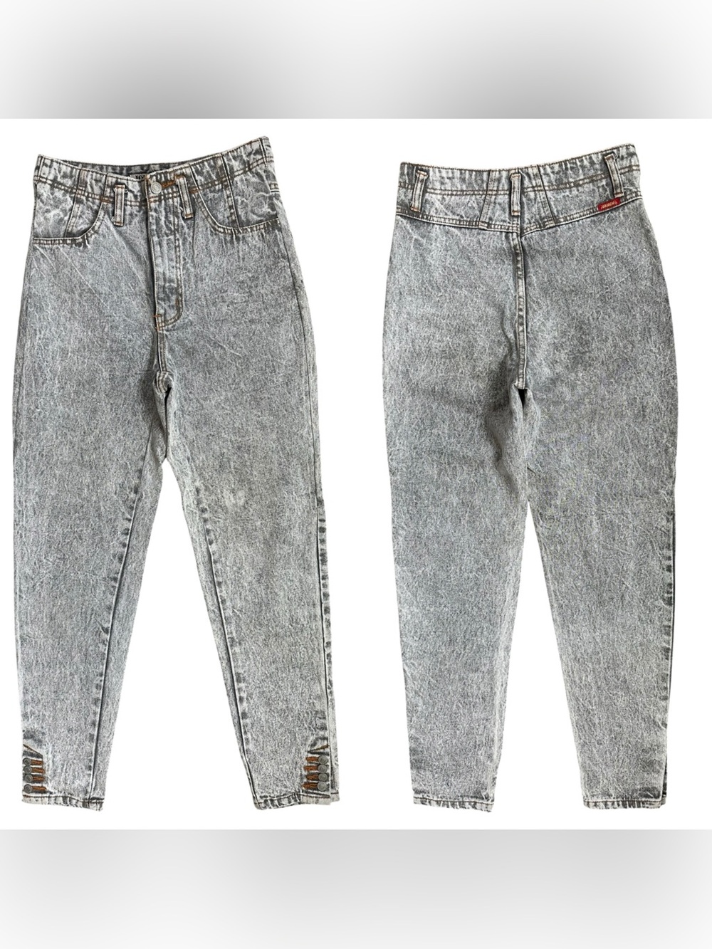 Vintage 80s Jordache Gray Acid Stone Washed High Rise Button Hem Taper Jeans 7/8